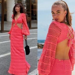 PATBO Crochet Cut Out Maxi Dress Hot Coral Neon Beach Flirty Revolve Sexy 2